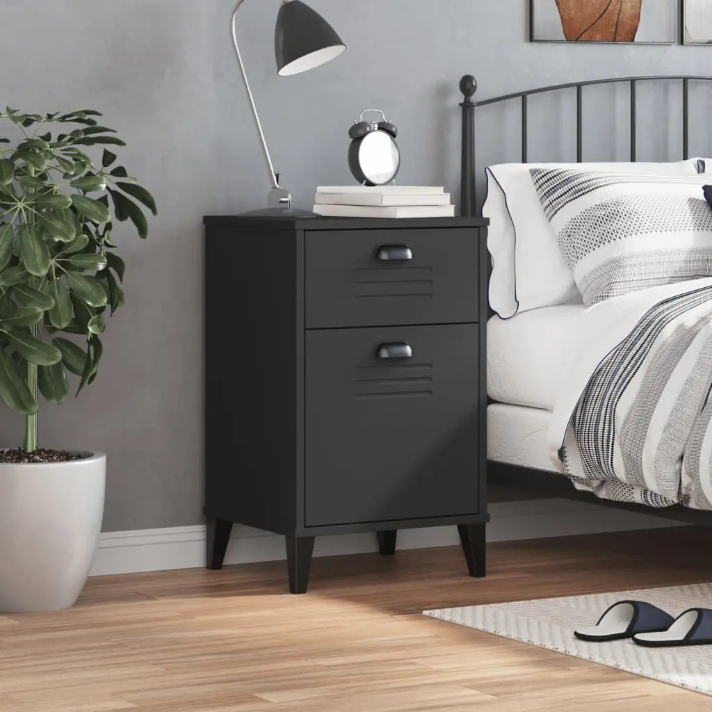 Bedside Table Black Engineered Wood Nightstand Industrial Style Storage Cabinet