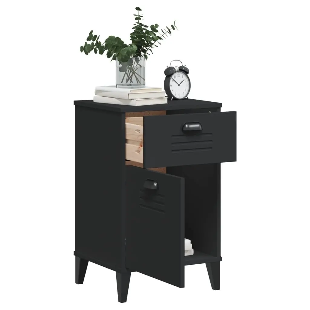 Bedside Table Black Engineered Wood Nightstand Industrial Style Storage Cabinet