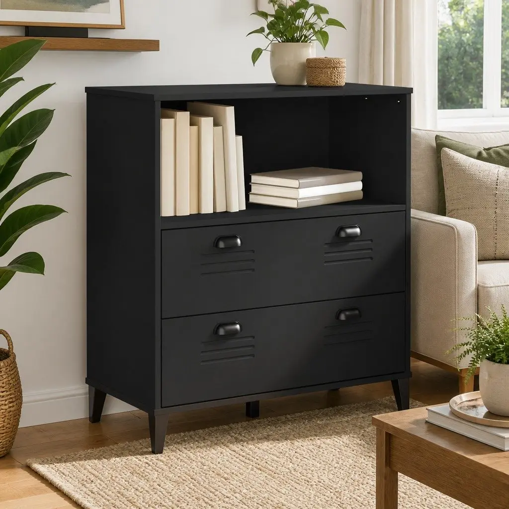 Industrial Bookcase Black 80x40x90cm Engineered Wood Storage Cabinet Shelving Unit