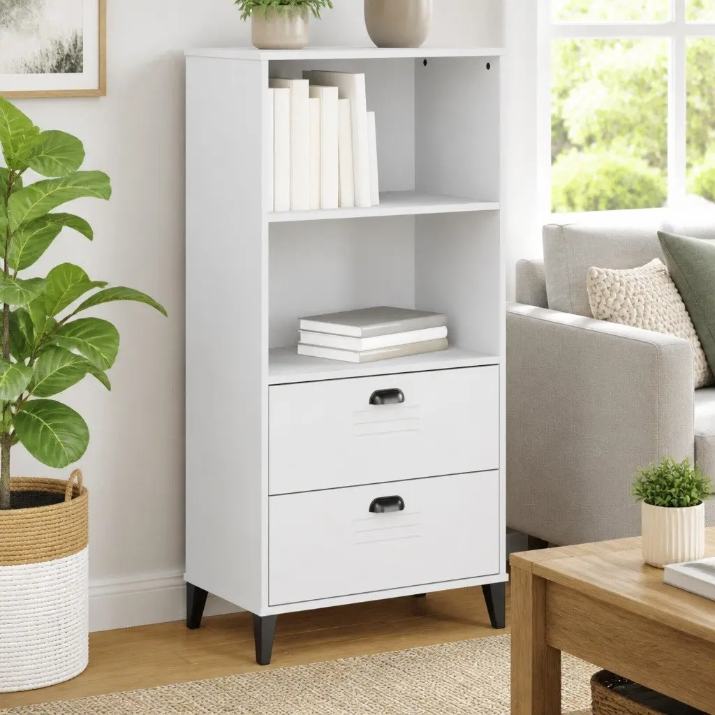 Bookcase White 60x35x123 cm Industrial Design Storage Shelf Engineered Wood