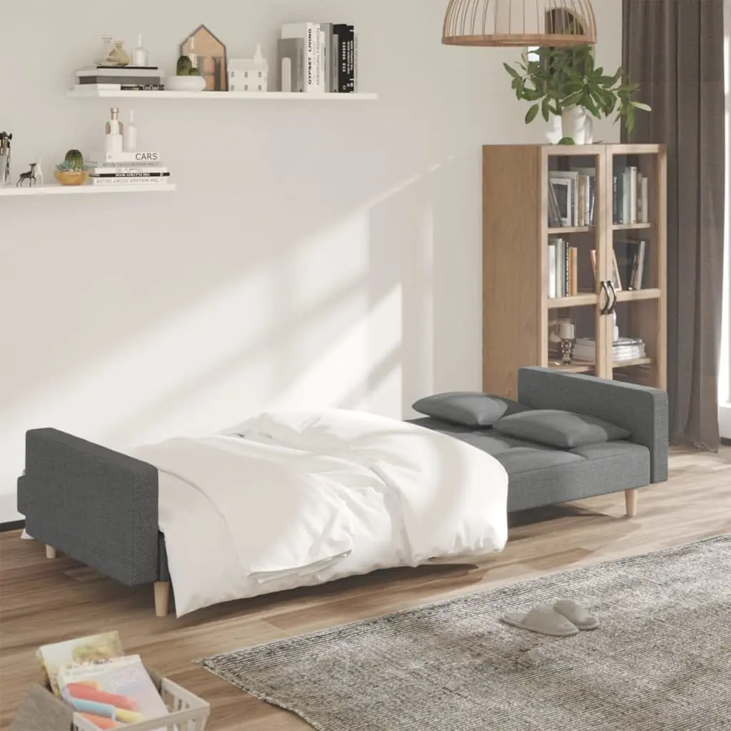 2-Seater Sofa Bed Light Grey Fabric Wooden Frame with Pillows