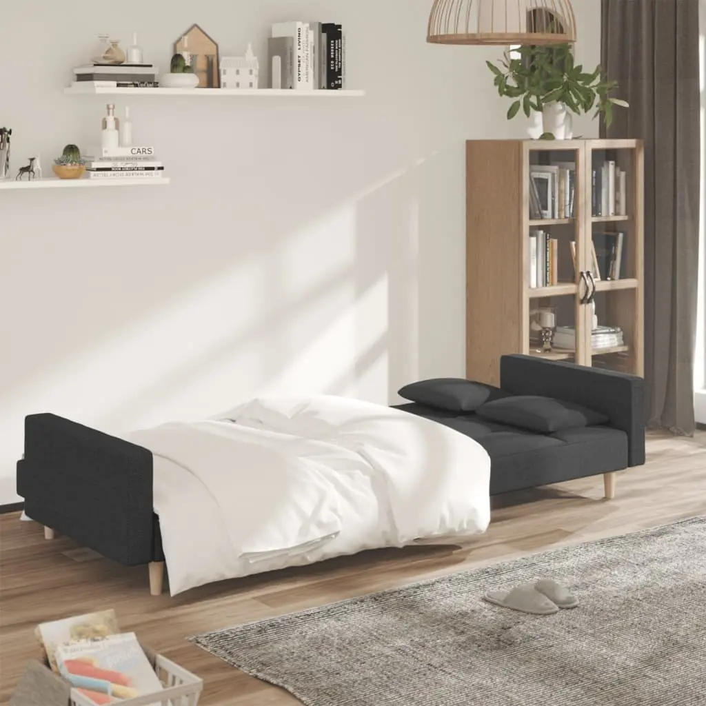 Grey Fabric 2-Seater Sofa Bed with Pillows