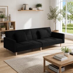Cozy 2-Seater Sofa Bed in Black Fabric with Pillows