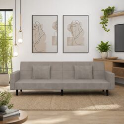 2-Seater Grey Velvet Sofa Bed with Cushions for Guests