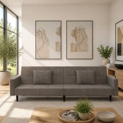 Grey Velvet 2-Seater Sofa Bed with Pillows