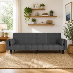 Grey Fabric 2-Seater Sofa Bed with Pillows