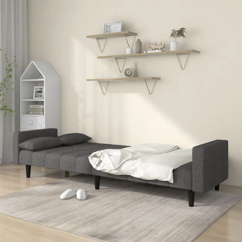 Grey Fabric 2-Seater Sofa Bed with Pillows