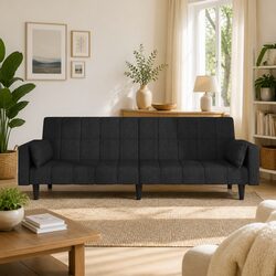 Cozy 2-Seater Sofa Bed in Black Fabric with Pillows
