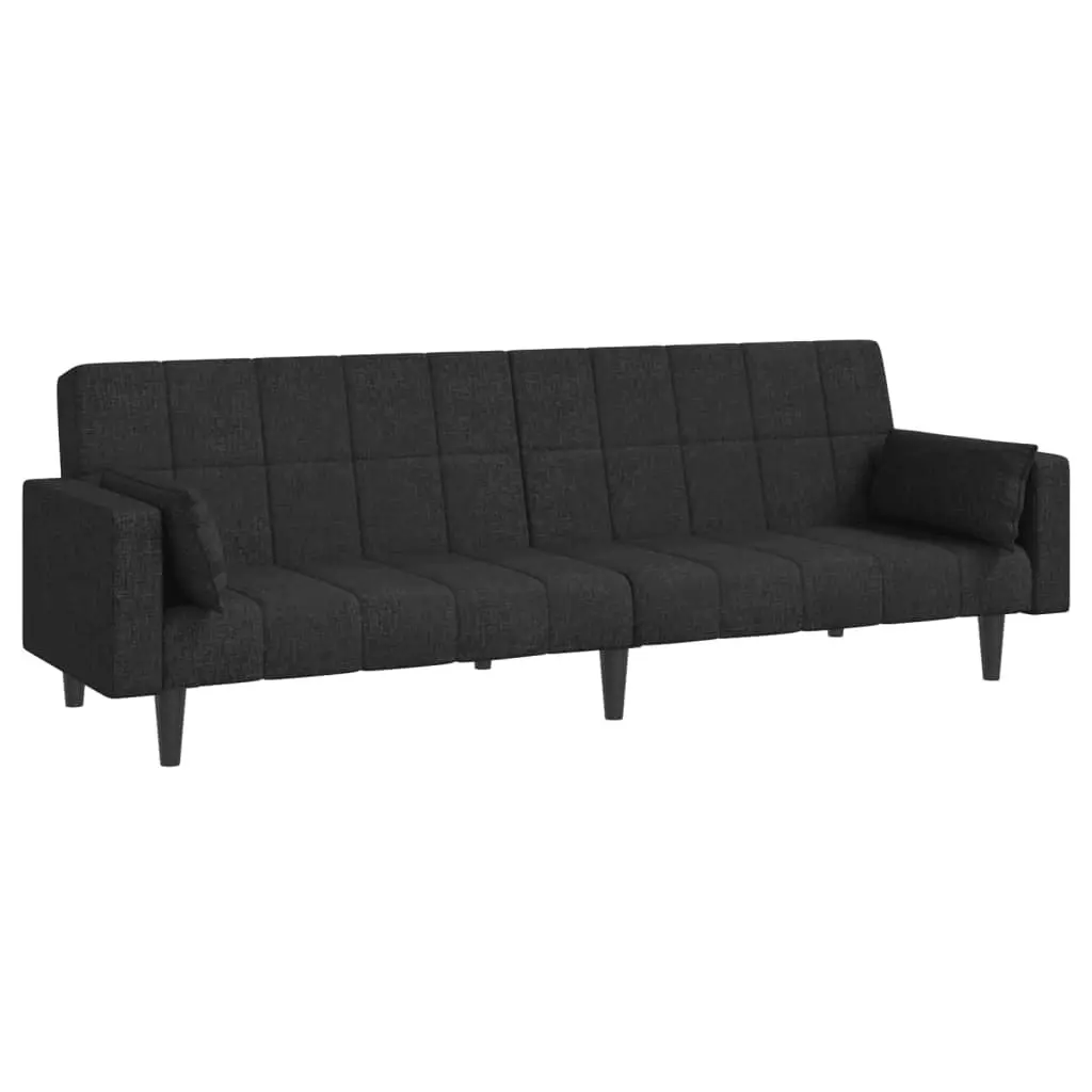 Sofa Bed Convertible Black Fabric 2 Seater Wooden Frame with Pillows
