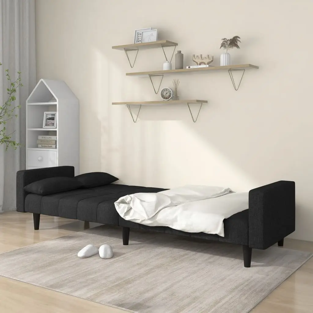 Sofa Bed Convertible Black Fabric 2 Seater Wooden Frame with Pillows