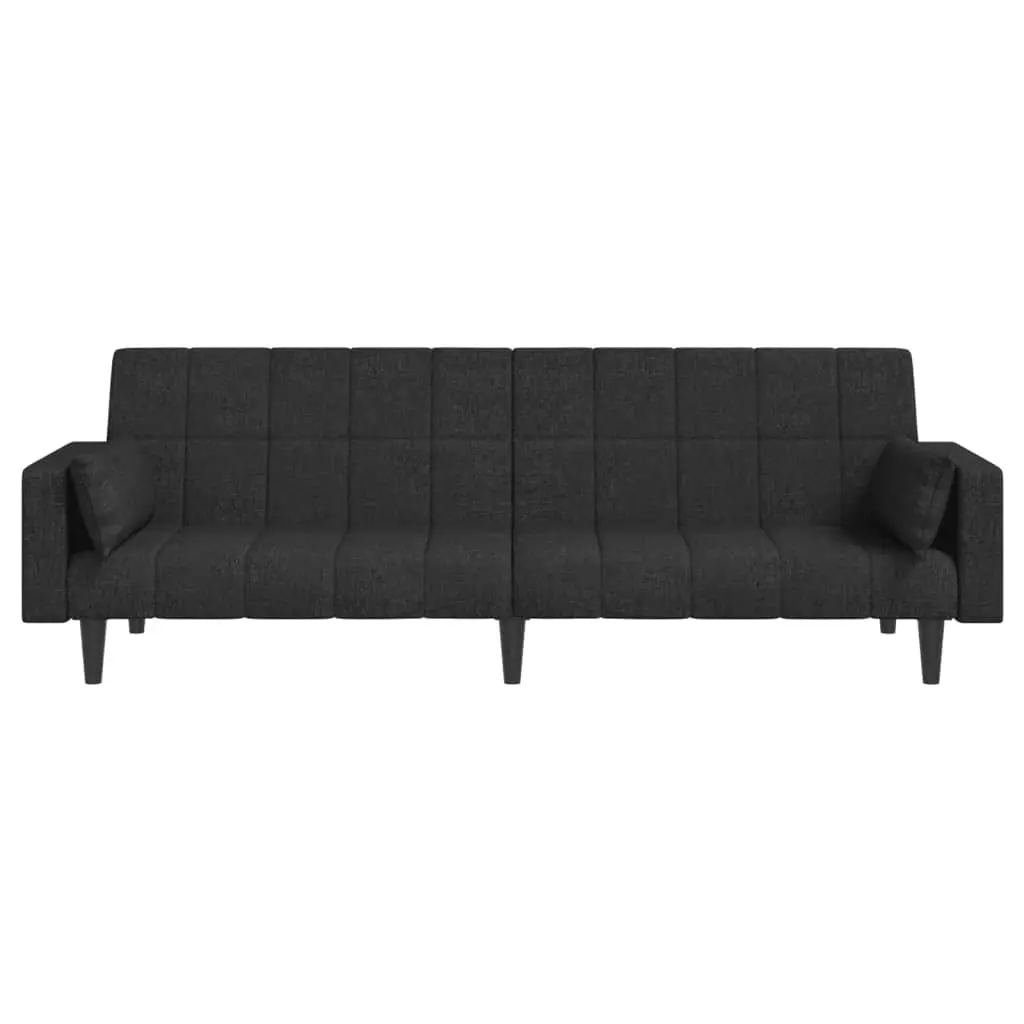 Sofa Bed Convertible Black Fabric 2 Seater Wooden Frame with Pillows