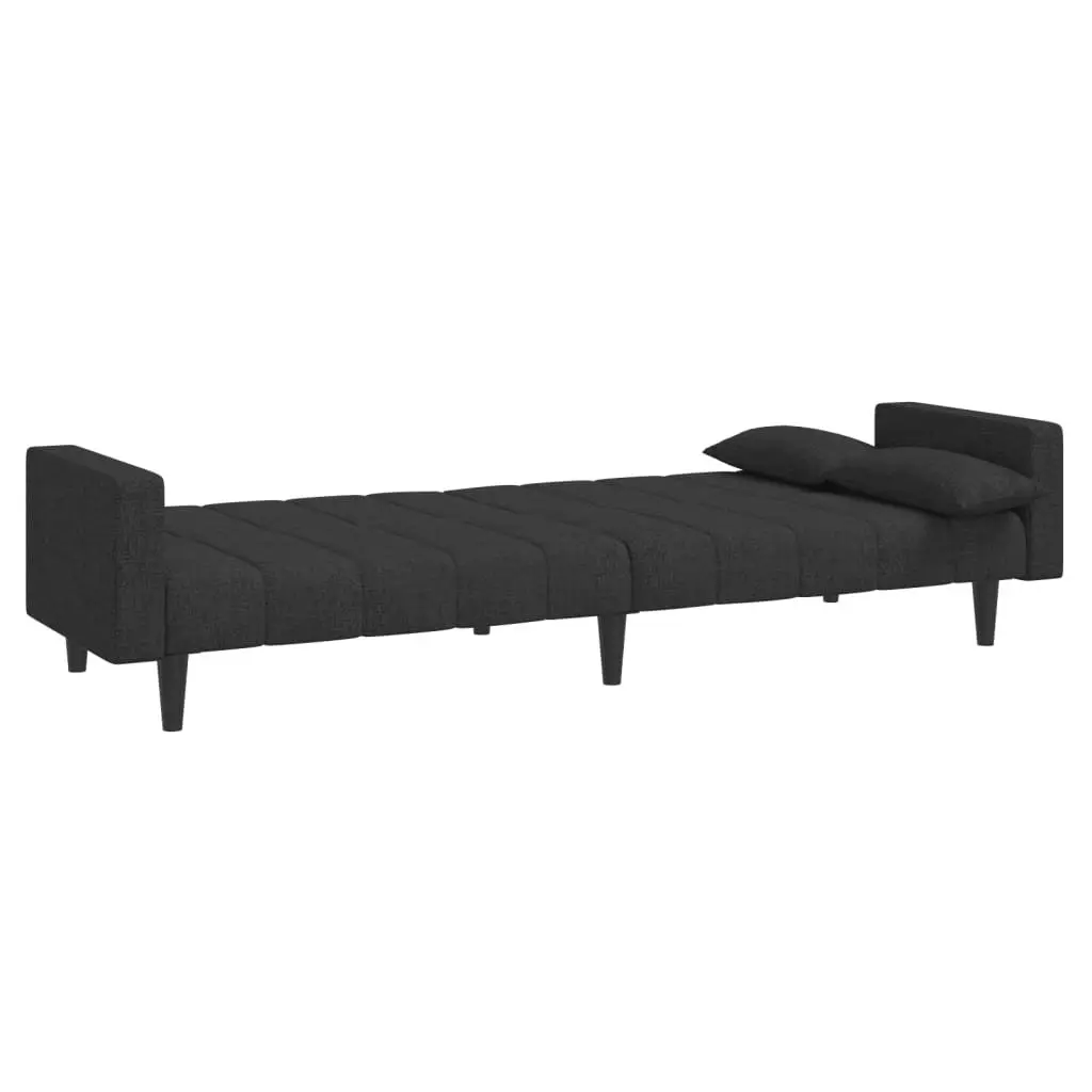 Sofa Bed Convertible Black Fabric 2 Seater Wooden Frame with Pillows