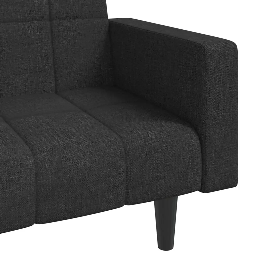 Sofa Bed Convertible Black Fabric 2 Seater Wooden Frame with Pillows