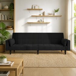 2-Seater Sofa Bed in Black Velvet with Pillows