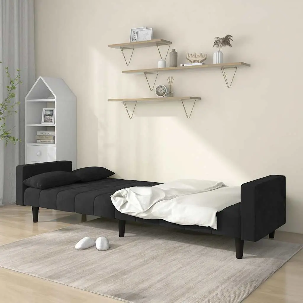 2-Seater Sofa Bed in Black Velvet with Pillows