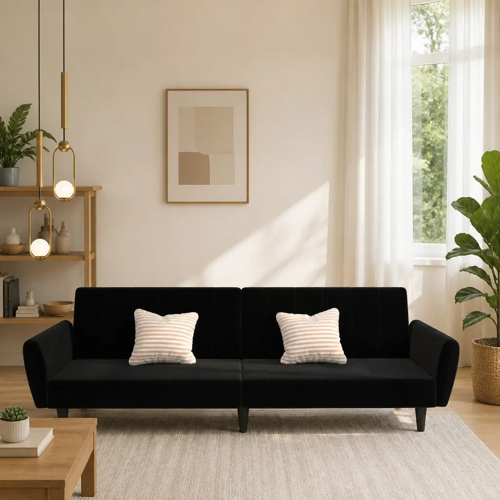 Black Velvet 2-Seater Convertible Sofa Bed