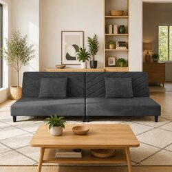 Grey Velvet 2-Seater Sofa Bed with Pillows