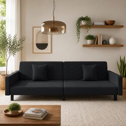 2-Seater Black Velvet Sofa Bed with Two Pillows