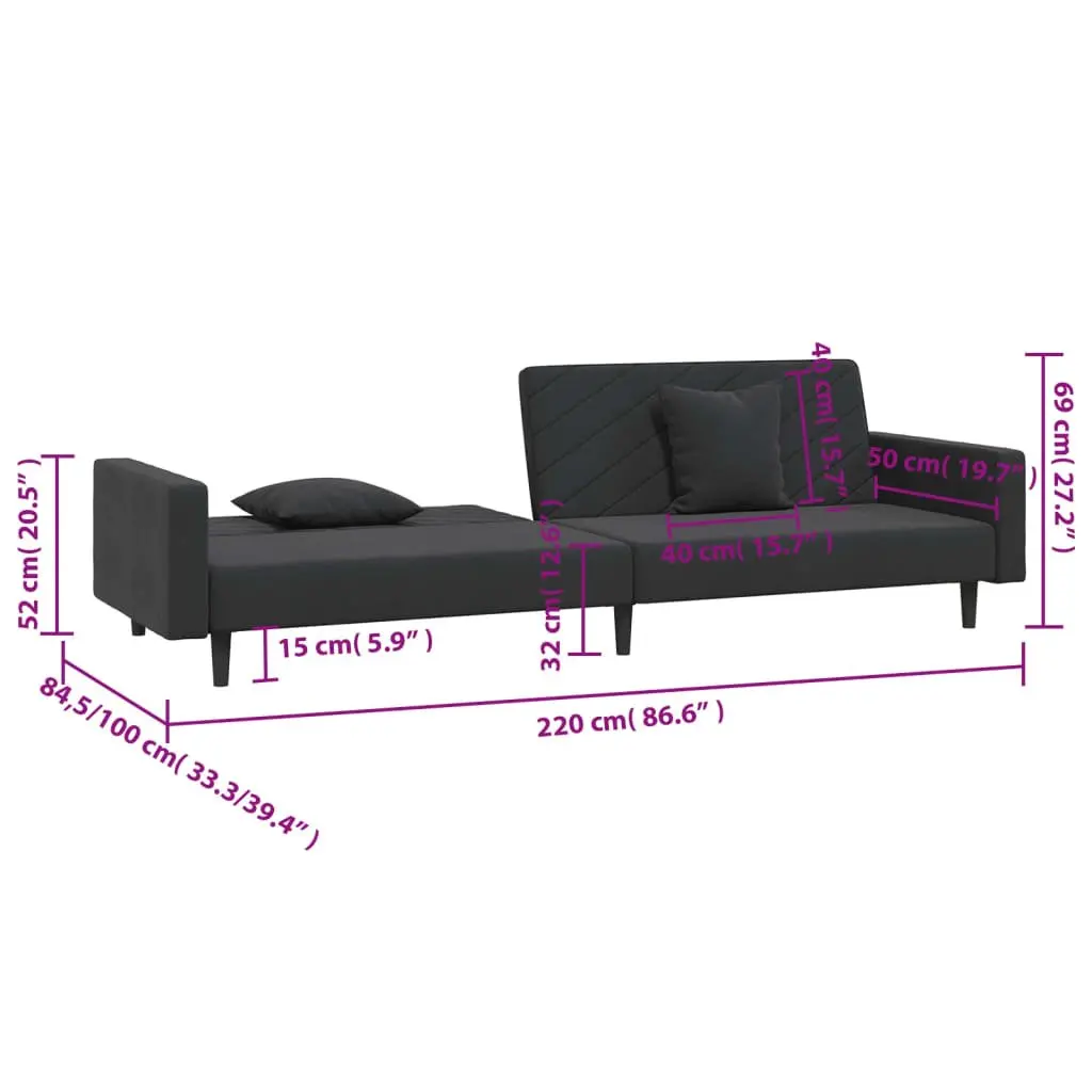 Sofa Bed Black Velvet 2-Seater Convertible Day Bed Twin Bed