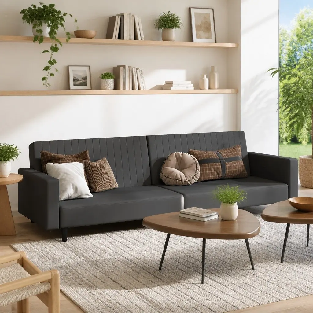 Grey Velvet 2-Seater Convertible Sofa Bed