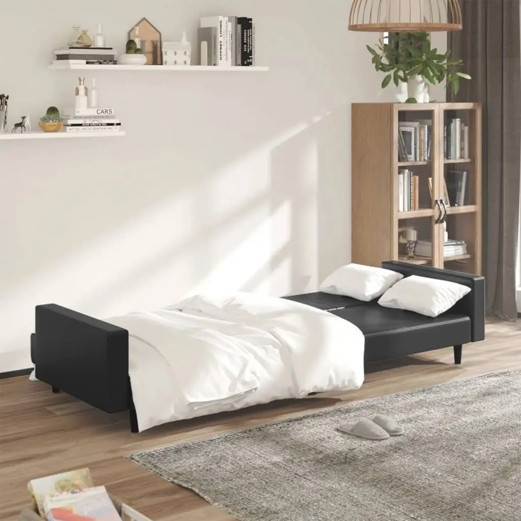 Sofa Bed Black Faux Leather 2-Seater Convertible Day Bed