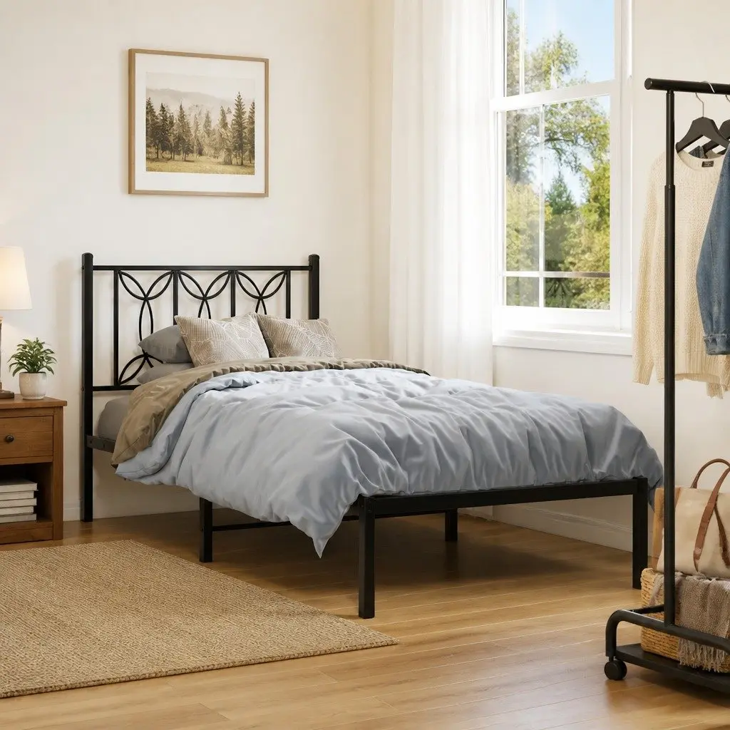 Metal Bed Frame Black 90x190cm Steel Slatted Base with Headboard