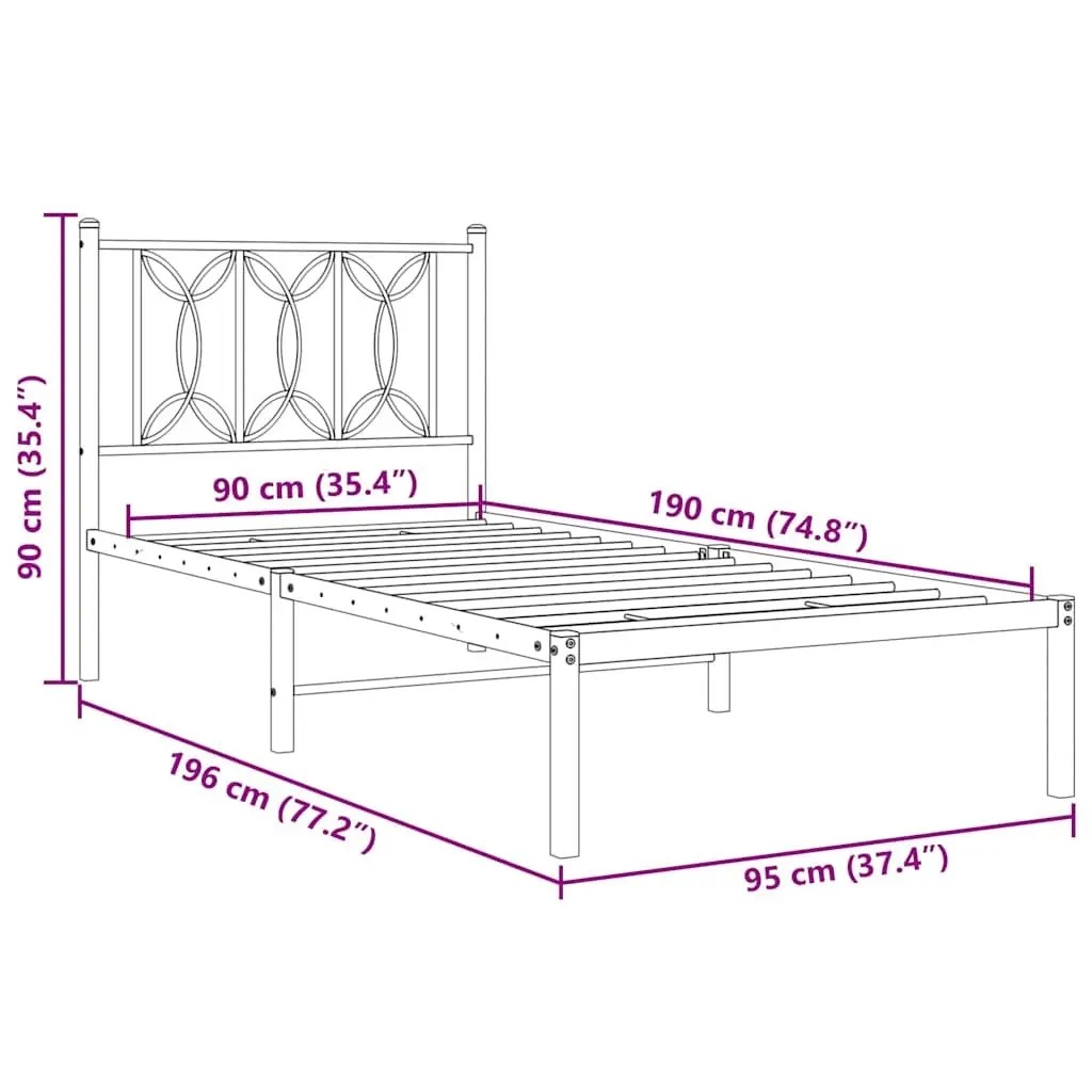 Metal Bed Frame Black 90x190cm Steel Slatted Base with Headboard