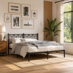 Sturdy Metal Bed Frame with Storage and Black Headboard