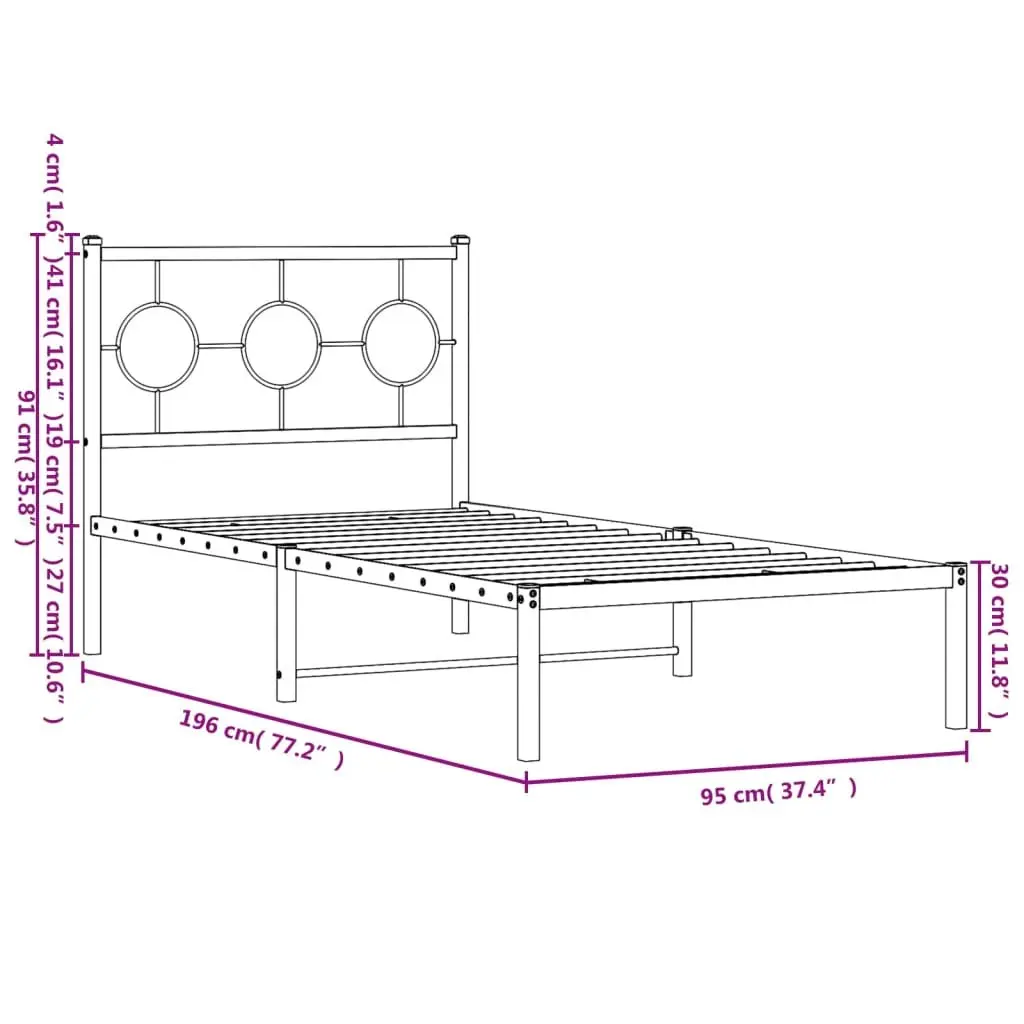 Metal Bed Frame Black 90x190 cm Steel with Headboard and Under-bed Storage Space