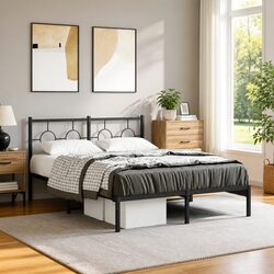 Black Metal Bed Frame 135x190 cm with Headboard