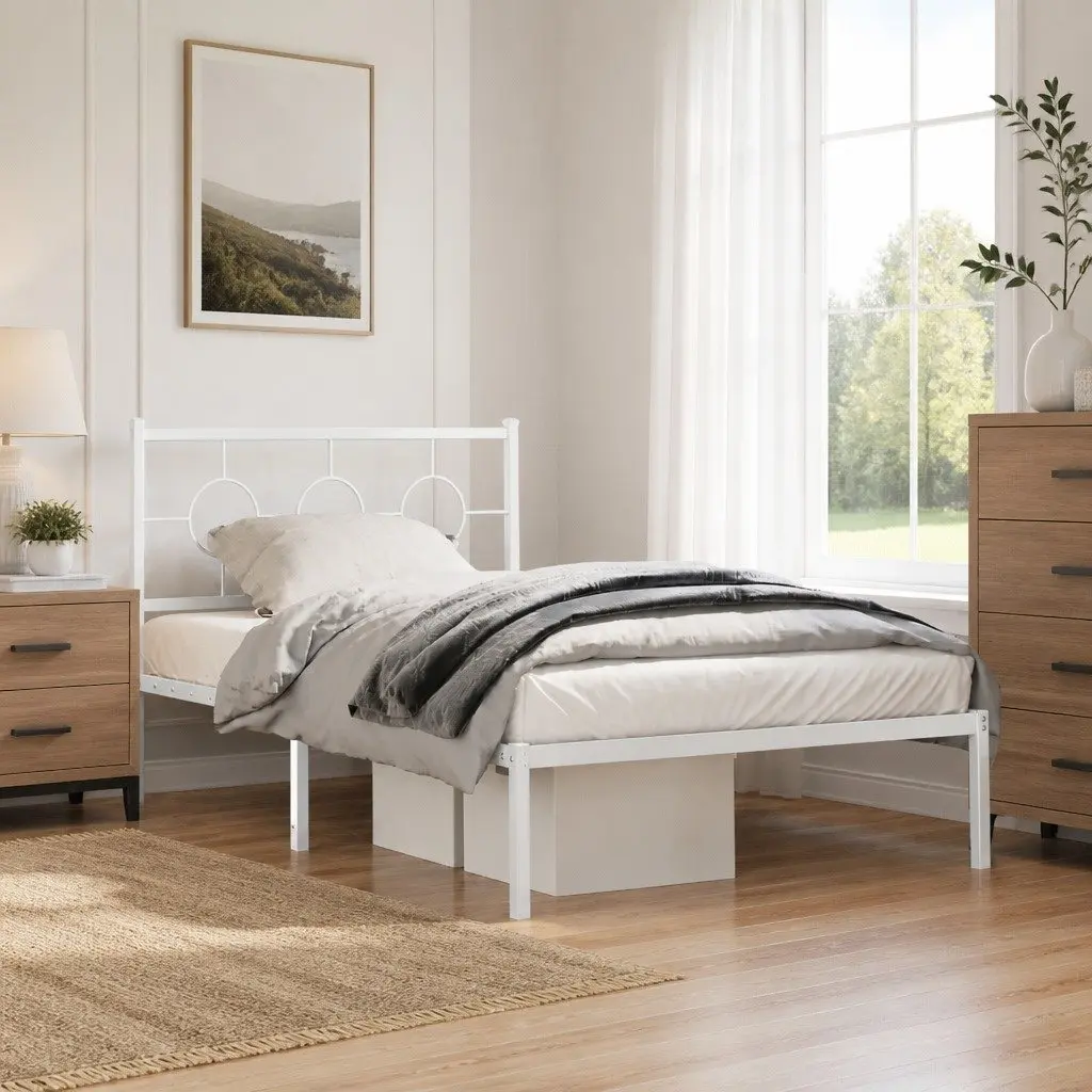 Metal Bed Frame King Single White 107x203cm with Headboard Slatted Base Storage
