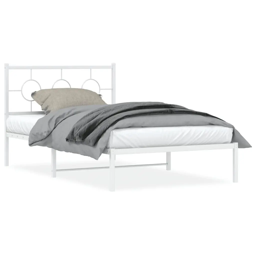 Metal Bed Frame King Single White 107x203cm with Headboard Slatted Base Storage