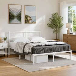 White Metal Bed Frame with Headboard 135x190 cm