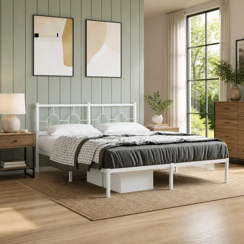 Metal Bed Frame White 150x200 cm Powder-coated Steel with Headboard Slatted Base