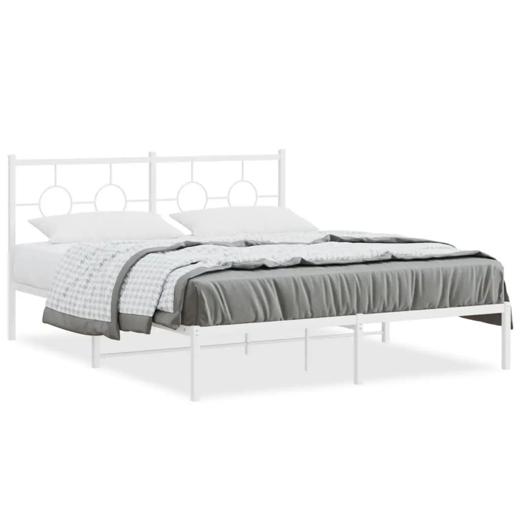 Metal Bed Frame White 150x200 cm Powder-coated Steel with Headboard Slatted Base