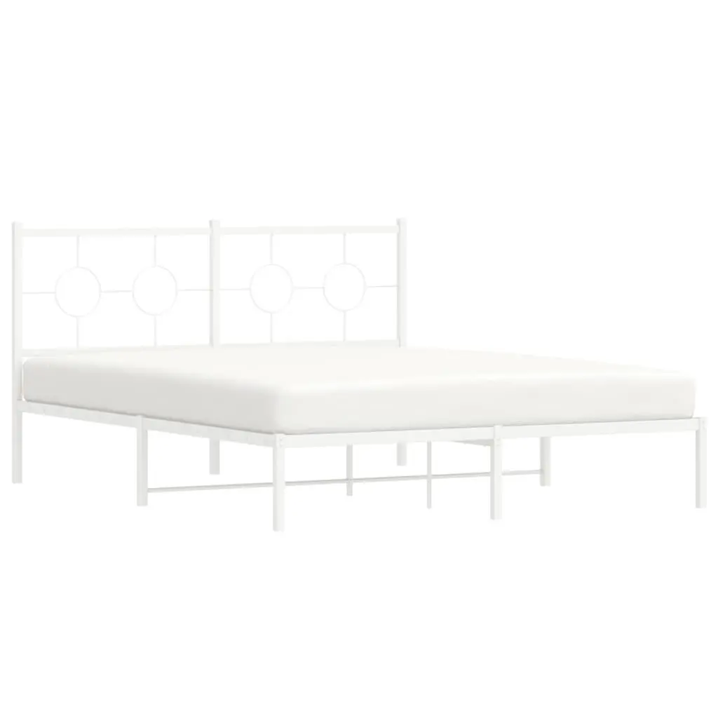 Metal Bed Frame White 150x200 cm Powder-coated Steel with Headboard Slatted Base