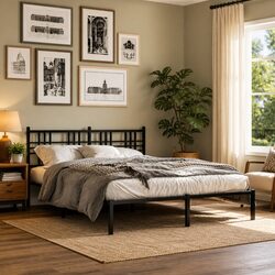 Elegant Black Metal Bed Frame with Headboard 150x200 cm