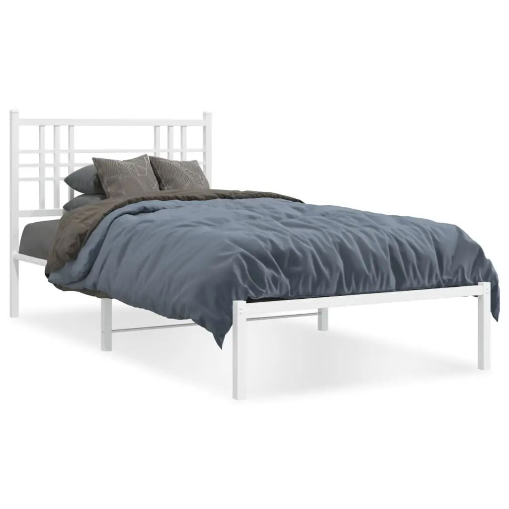 Metal Bed Frame White 90x190 cm Powder-coated Steel with Headboard and Under-Bed Storage Space