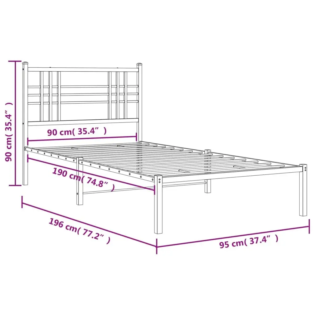 Metal Bed Frame White 90x190 cm Powder-coated Steel with Headboard and Under-Bed Storage Space