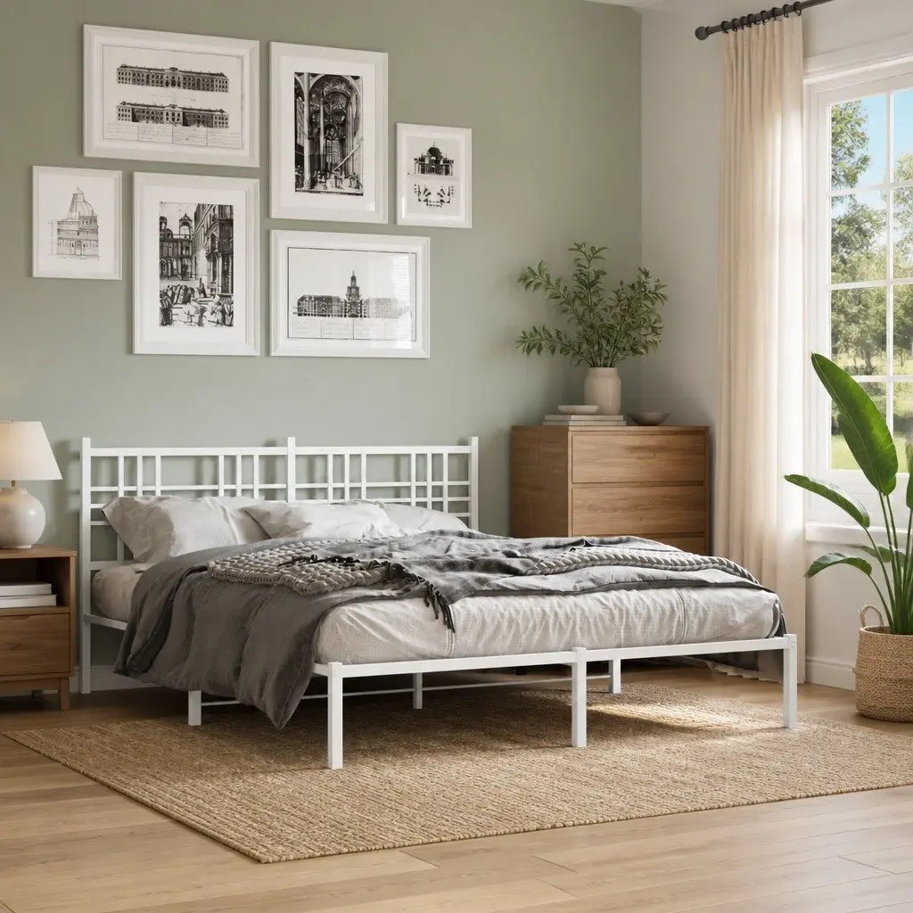 White Metal Bed Frame 150x200 cm with Headboard
