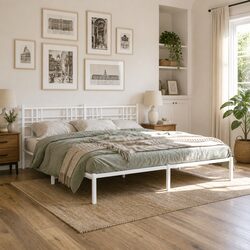 White King Size Metal Bed Frame with Headboard