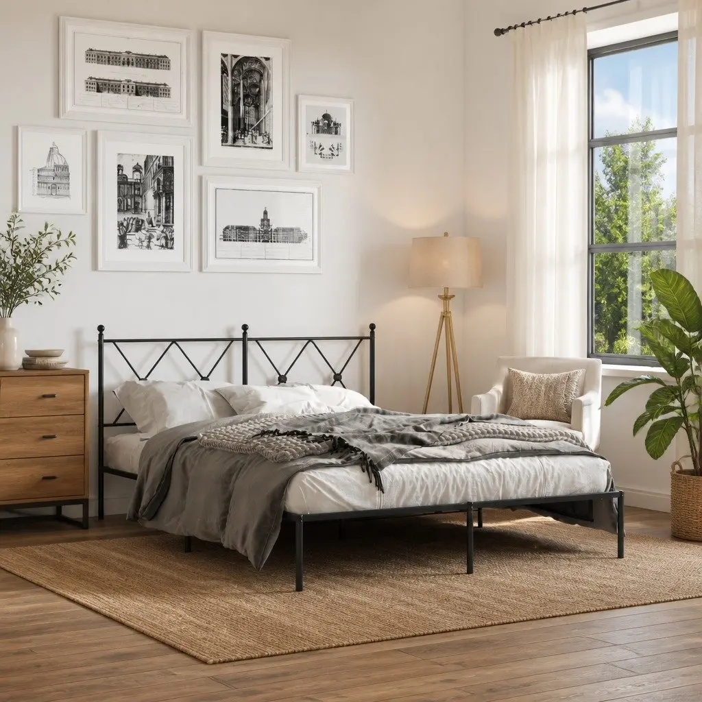 Metal Bed Frame Black 135x190 cm Powder-coated Steel with Headboard Slatted Base