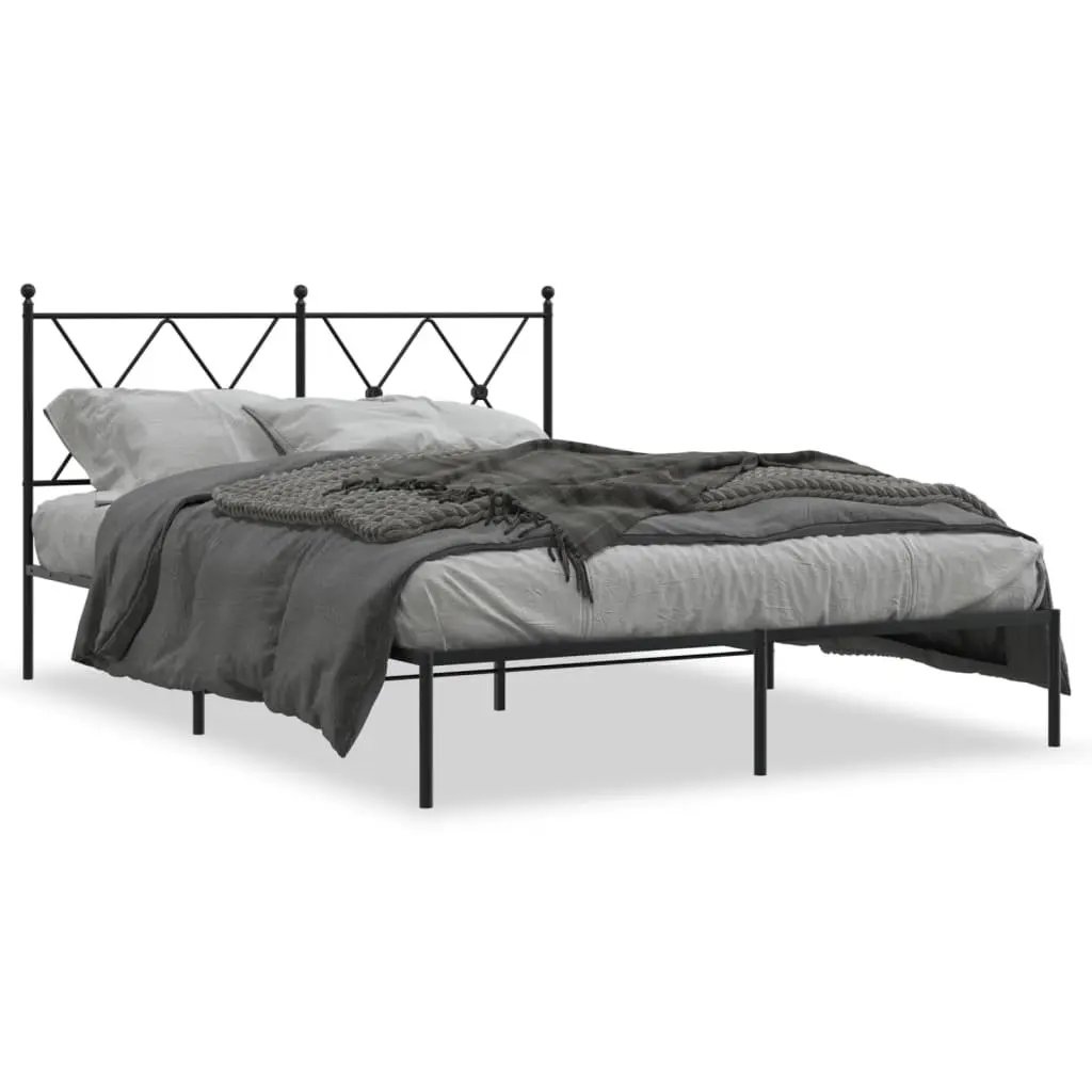 Metal Bed Frame Black 135x190 cm Powder-coated Steel with Headboard Slatted Base