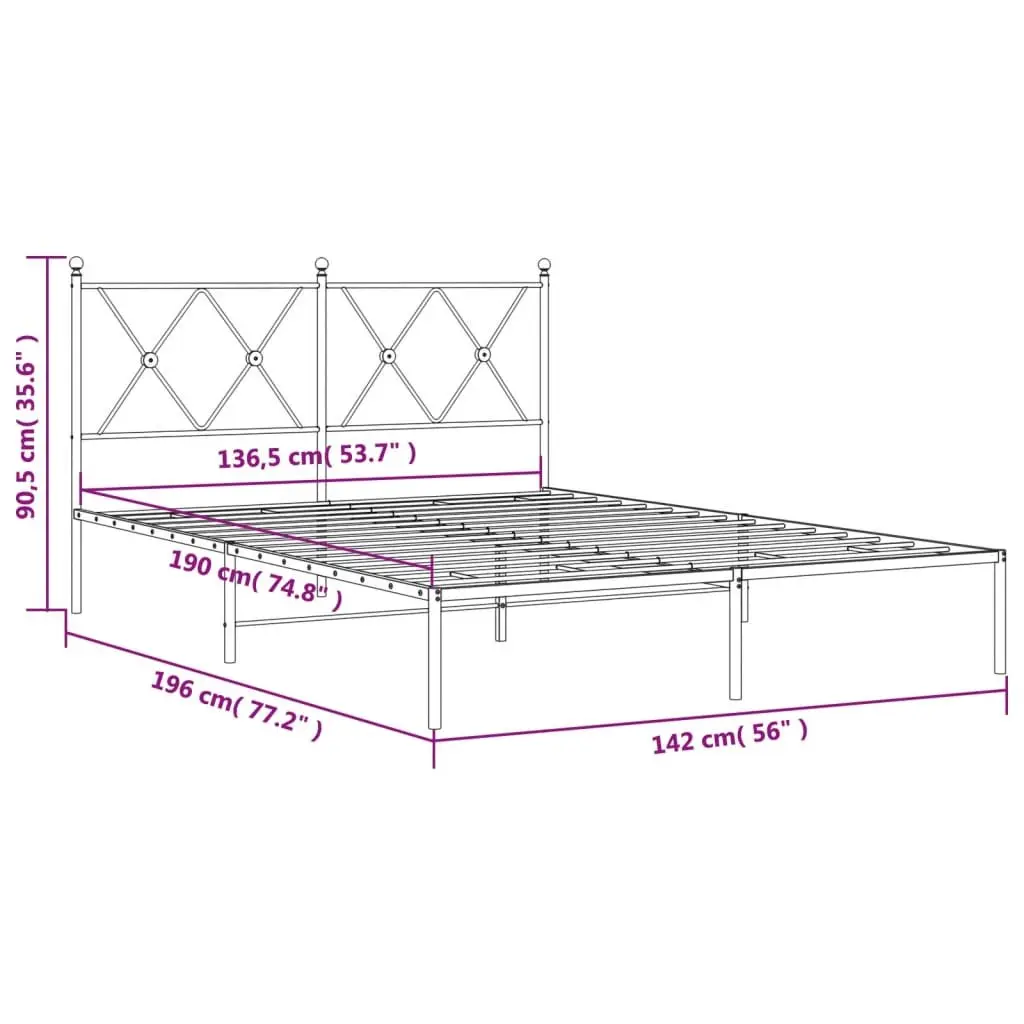 Metal Bed Frame Black 135x190 cm Powder-coated Steel with Headboard Slatted Base