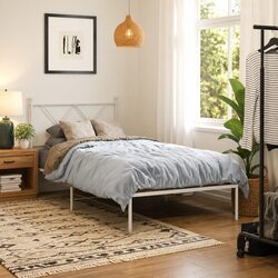 Elegant White Metal Bed Frame with Headboard 90x190 cm