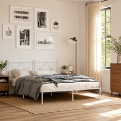 Elegant White Metal Bed Frame with Headboard 150x200 cm