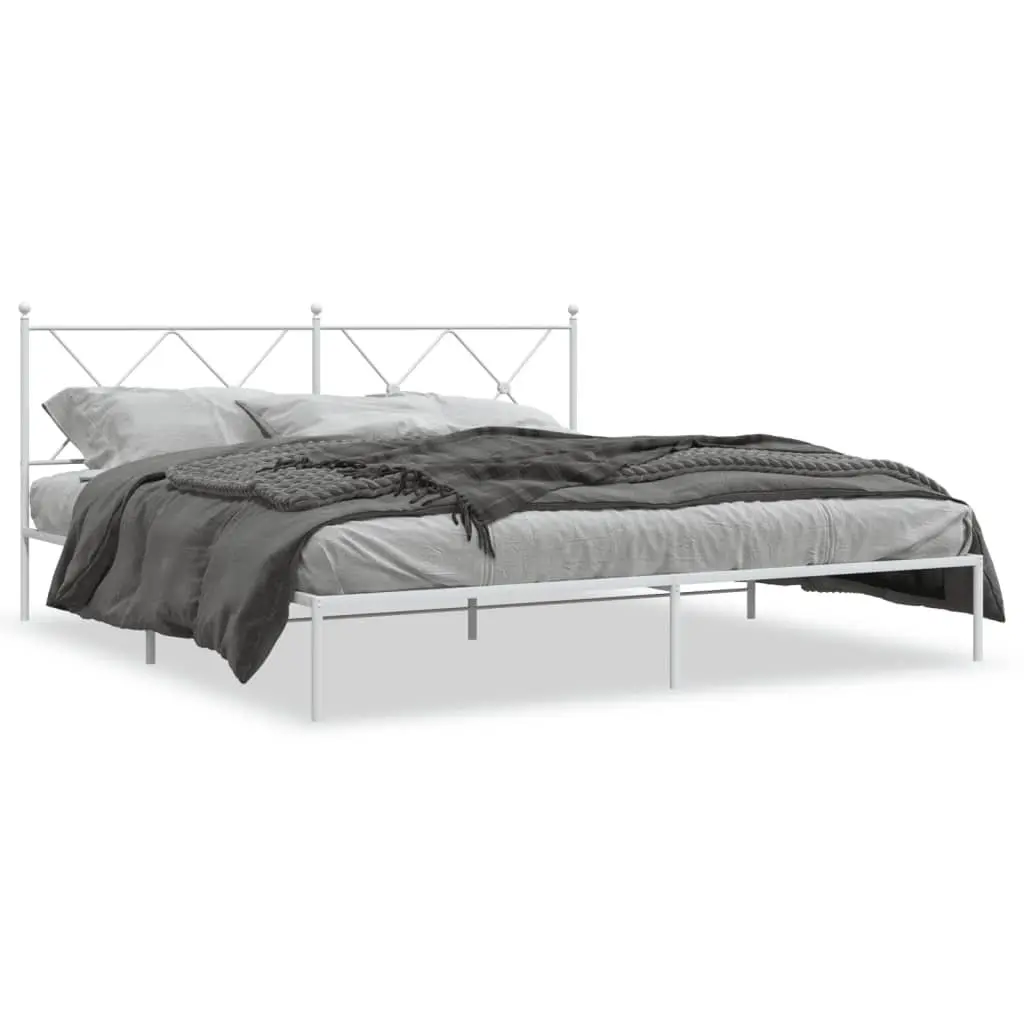 Metal Bed Frame King Size White Powder-Coated Steel with Headboard Slatted Base 183x203cm