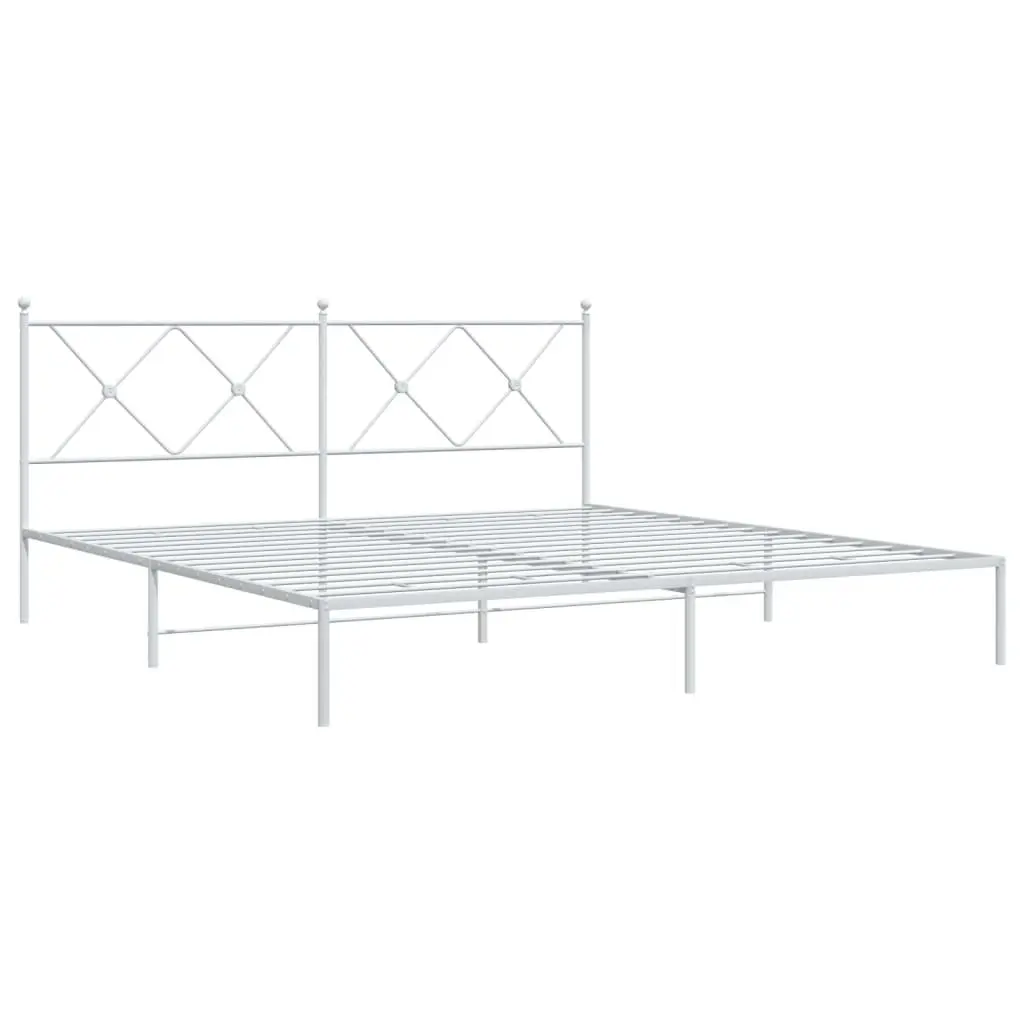 Metal Bed Frame King Size White Powder-Coated Steel with Headboard Slatted Base 183x203cm