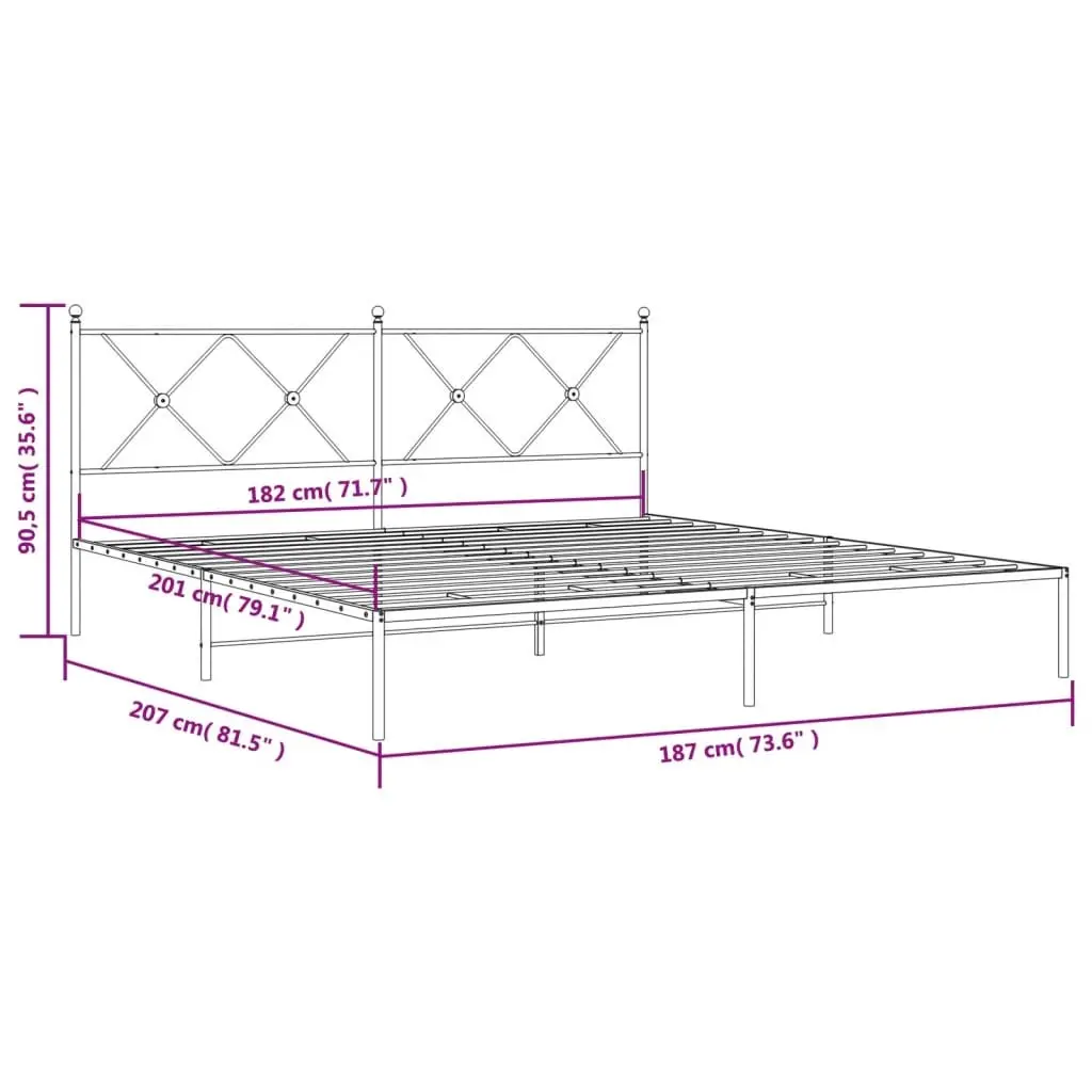 Metal Bed Frame King Size White Powder-Coated Steel with Headboard Slatted Base 183x203cm
