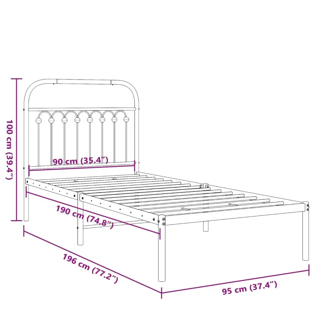 Metal Bed Frame Black 90x190 cm Steel with Headboard Slatted Base